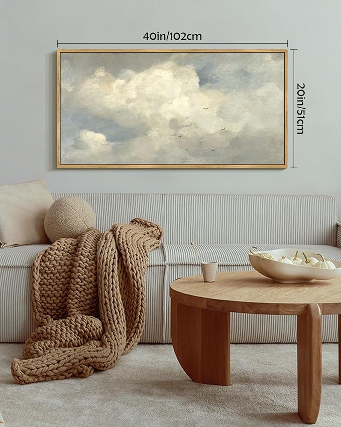 SHENIFY Vintage Landscape Framed Wall Art Sky Cloud Nature Farmhouse Decor Retro Classical Painting for Hallway Bedroom Living Room Dining Room - 20x40in Natural Framed