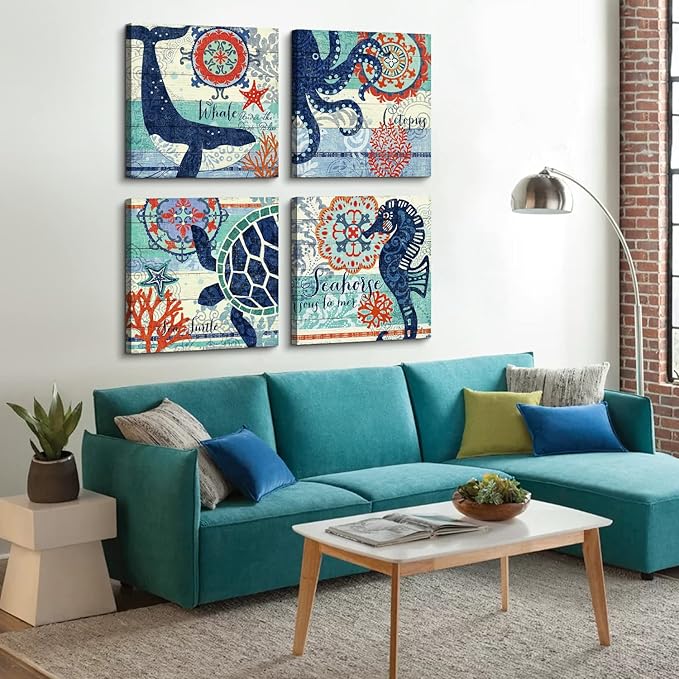 4 Panel Teal Blue Home Wall Art Decor Framed Artwork for Bathroom Living Room Canvas Print Beach Coastal Sea Turtle Octopus Seahorse Whale Pictures Posters Bedroom Decoration 24 x 24 / Piece Set