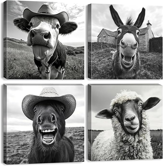 Farmhouse Animal Wall Art Funny Cow Wall Decor Black and White Prints Horse Pictures Cowboy Posters Canvas Prints Humor Animals Paintings Country Artwork for Kitchen Living Room Home Decoration 16x16”