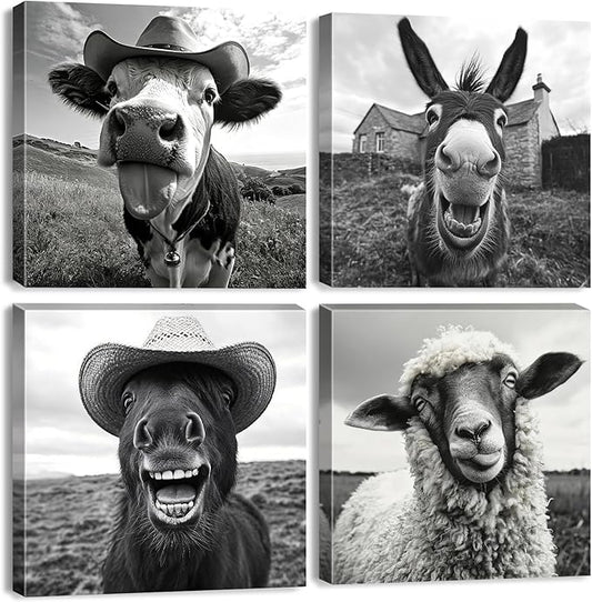 Black and White Funny Animals Wall Art Farmhouse Cow Sheep Donkey Horse Pictures Wall Decor for Kitchen Bedroom Living Room Farm Country Canvas Prints Cowboy Poster Artwork Home Decoration 12x12” 4Pcs