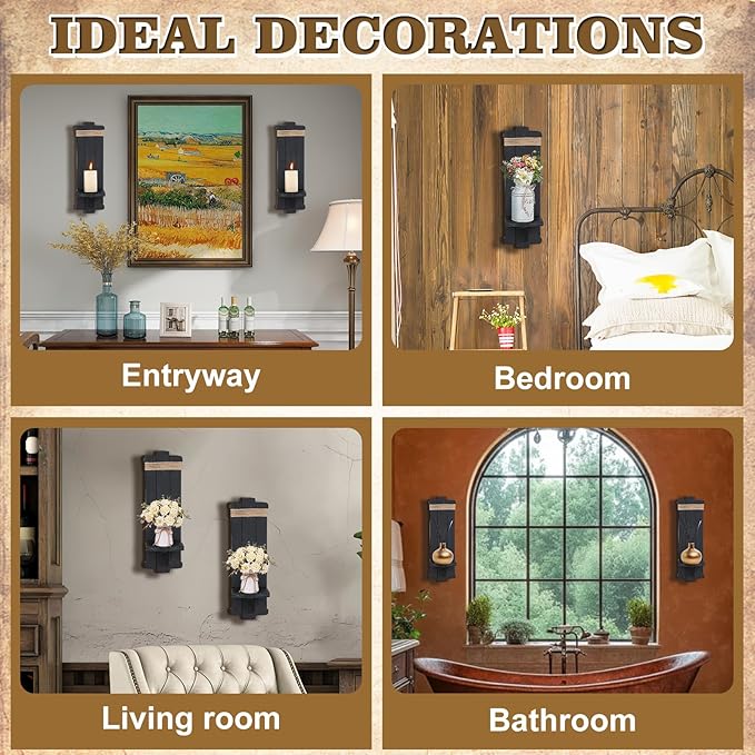 Farmhouse Wall Decor Candle Sconces - 2 Pcs Rustic Gothic Handmade Wooden Wall-Mount Candle Holders for Bedroom Living Room Bathroom Home Hanging Art Decorations Accessories Gifts, Black
