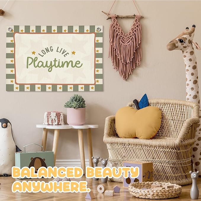Playroom Wall Decor,Long Live Playtime Linen Canvas Banner,Sage Green Toddler Playroom Decor Kids Room Nursery with Star Pattern Wall Decor for Toddler Boys Toy Room Bedroom,30x20 Inch