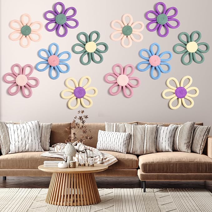 Ripeng 6 Pcs Boho Nursery Decor Flower Daisy Wall Art 6 Inch Woven Macrame Wall Hanging Bohemian Flower Decor Daisy Nursery for Baby Girls Kids Home Bedroom(Vivid Colors)