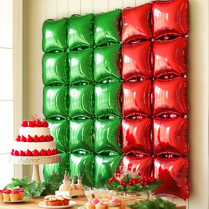 NISOCY 25PCS Christmas Balloons Red Green Square Foil Balloon Wall Backdrop Double Sided Metallic Red Balloons Arch Kit for New Years Birthday Anniversary Bridal Baby Shower Party Decorations