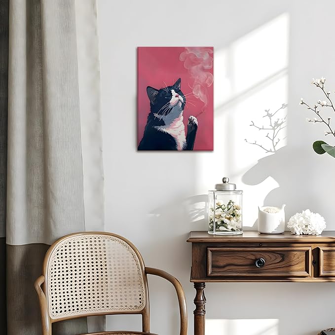 Framed Funny Black Cat Wall Art Canvas Print, pink Cool Cat Illustration Poster Wall Decor, Quirky Modern Cat Artwork for Living Room Bedroom Bathroom Kitchen Decor 12x16 Inch