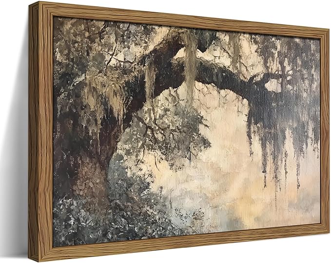 Framed Cottagecore Canvas Wall Art, Vintage Live Oak Tree Pictures Print, Charleston Spanish Moss Oil Paintings, Farmhouse Savannah Southern Wall Decor for Entryway Living Room – 12x16 inch
