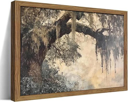Framed Cottagecore Canvas Wall Art, Vintage Live Oak Tree Pictures Print, Charleston Spanish Moss Oil Paintings, Farmhouse Savannah Southern Wall Decor for Entryway Living Room – 8x10 inch
