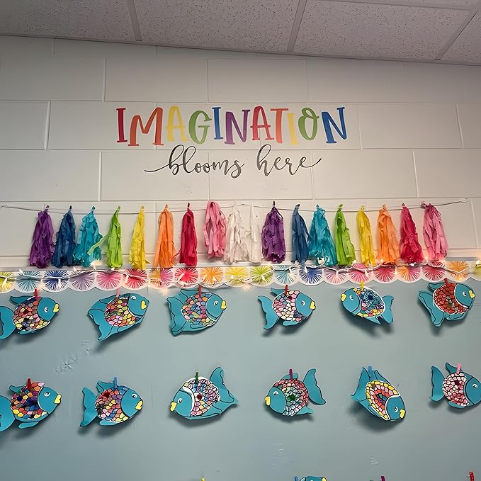 Finduat Imagination Blooms Here Decal, Inspirational Quote Wall Decal Sticker, Classroom Decor, Children Bedroom or Playroom Wall Art