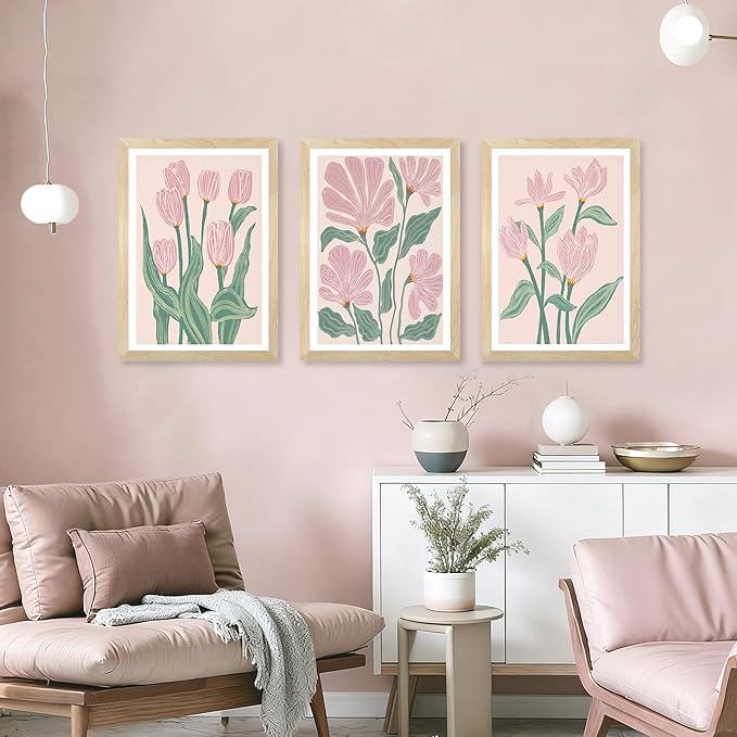JLTULT 3 Pieces Pink Tulips Floral Wall Art, Boho Pink Green Botanical Wall Decor, Modern Abstract Flowers Paintings Art Prints for Living Room Bedroom Home Office12x16 inch Wood Framed Ready to Hang