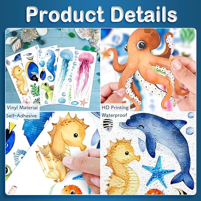 Ocean Sea Animals Wall Decals Stickers, 4Sheets 52Pcs Under The Sea Wall Stickers Fish Turtle Jellyfish Ocean Creature Decals for Kids Bedroom Bathroom Nursery Decor