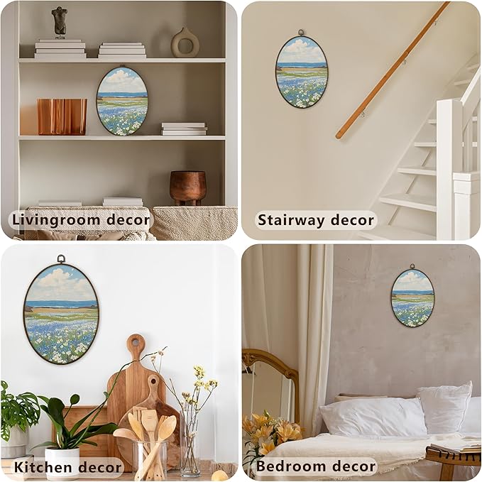 Gnmduw Wildflower Meadow Natural Field Landscape Oval Wall Art Framed, Vintage Floral Landscape Canvas Prints Hanging Decor,Rustic Nature Wall Decor for Living Room Bedroom Art Gallery, 8.7x11.3 Inch