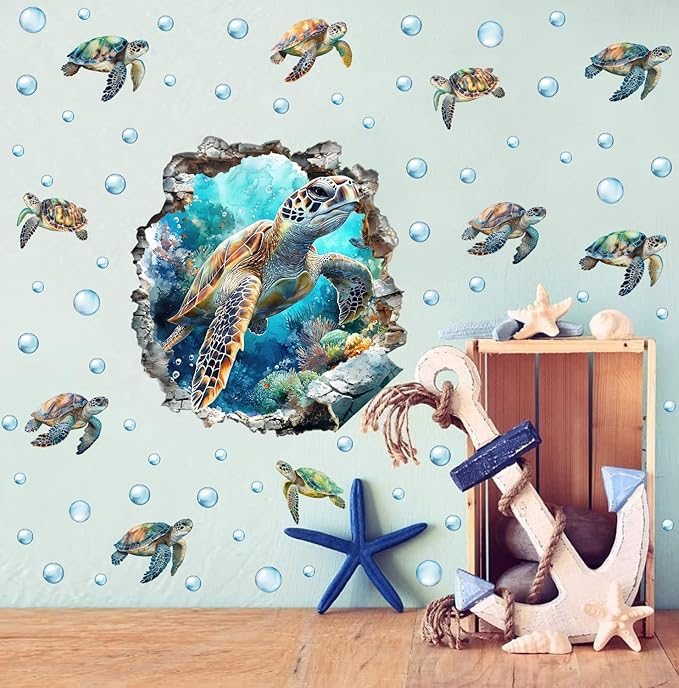 3D Large Sea Turtle Wall Decals(20.6”x22.1”), Watercolor Sea World Vinyl Wall Stickers, Removable Cartoon Under The Sea Animal Artwork for Baby Bedroom Playroom Bathroom Decor