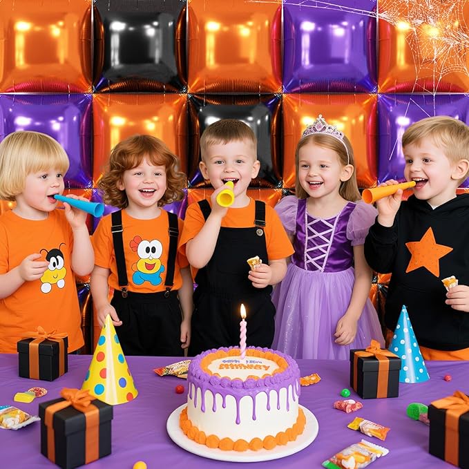 NISOCY 25PCS Orange Purple Black Square Foil Balloons Wall Backdrop Metallic Double Sided Orange Purple Black Balloons Tunnel Arch Kit for Halloween Birthday Graduation New Year Party Decorations