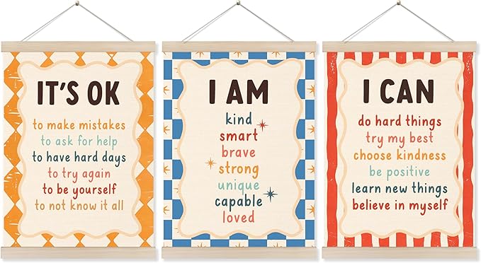 Koesus Inspirational Classroom Checkered Striped Wall Art Poster Hanger Frame 12x16 Inch Set of 3, Positive Affirmations for Kids, Motivational Canvas Pictures Prints Framed Wall Decor for Classroom Kids Room Playroom