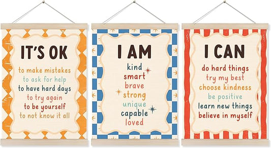 Koesus Inspirational Classroom Checkered Striped Wall Art Poster Hanger Frame 12x16 Inch Set of 3, Positive Affirmations for Kids, Motivational Canvas Pictures Prints Framed Wall Decor for Classroom Kids Room Playroom