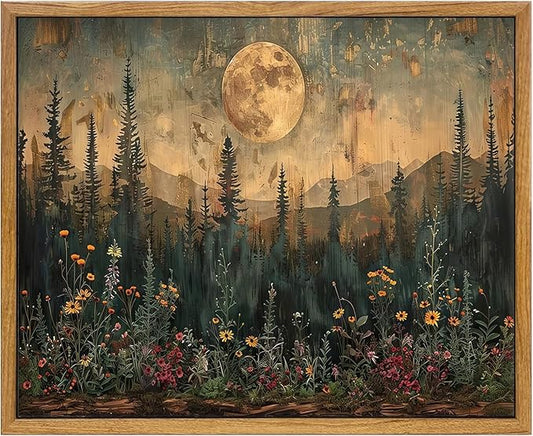KBKBART Framed Canvas Wall Art Vintage Decor, Forest Moon Painting Prints, Nature Pine Tree Woodland Wall Decor, Dark Cottagecore Landscape Artwork for Living Room Bedroom 12x16 inch
