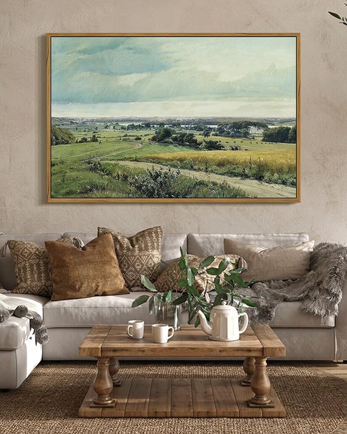 SHENIFY Vintage Landscape Framed Wall Art Rustic Countryside Meadow Farmhouse Decor Retro Grassland Painting for Hallway Living Room Bedroom Dining Room - 24x36in Natural Framed