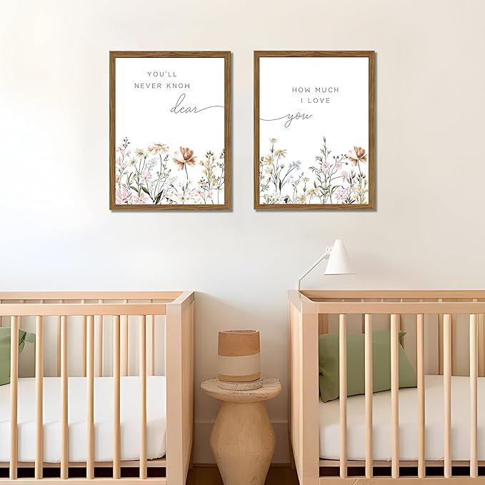 Wood Framed Wildflower Nursery Wall Art Set of 2, Boho Flower Botanical Wall Decor Paintings, Baby Girl Nurseries Pictures Posters Prints for Nursery Baby Room Bedroom Home Decoration 16x24 Inch