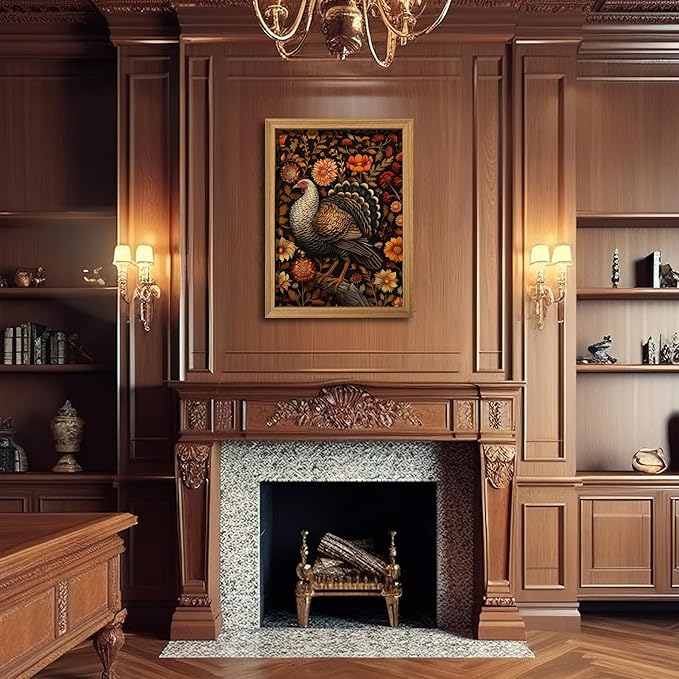 Framed Vintage Turkey 3D Textures Wall Art – Fall Floral Thanksgiving Wall Decor, Rustic Autumn Harvest Bird Artwork Painting for Living Room Kitchen Dining Room – 16x24in
