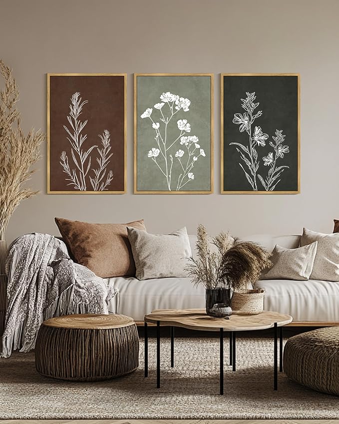 Drsoum Vintage Boho Flower Wall Art Framed Retro Botanical Floral Wall Prints Wildflower Neutral Rustic Bohemain Artwork Kitchen Bedroom Ready to Hang 24x36in Natural Framed