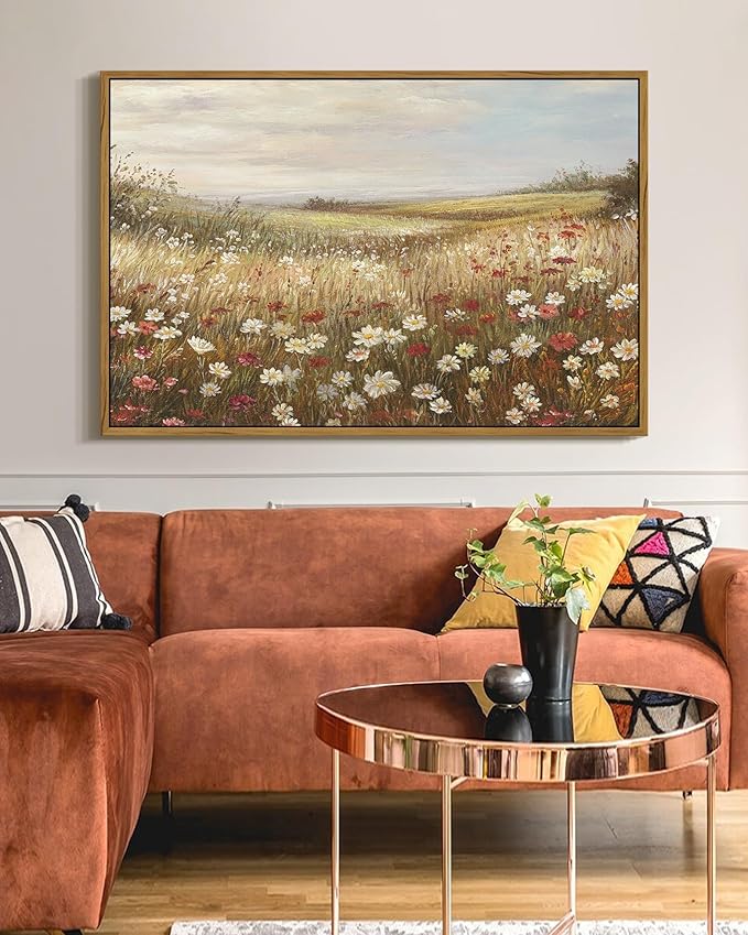 SHENIFY Vintage Framed Wall Art Meadow with Flowers Landscape Scenery Home Decor Retro Wildflower Field Decorations for Farmhouse Bedroom Ready to Hang Wall Artwork - 24x36in Natural Framed