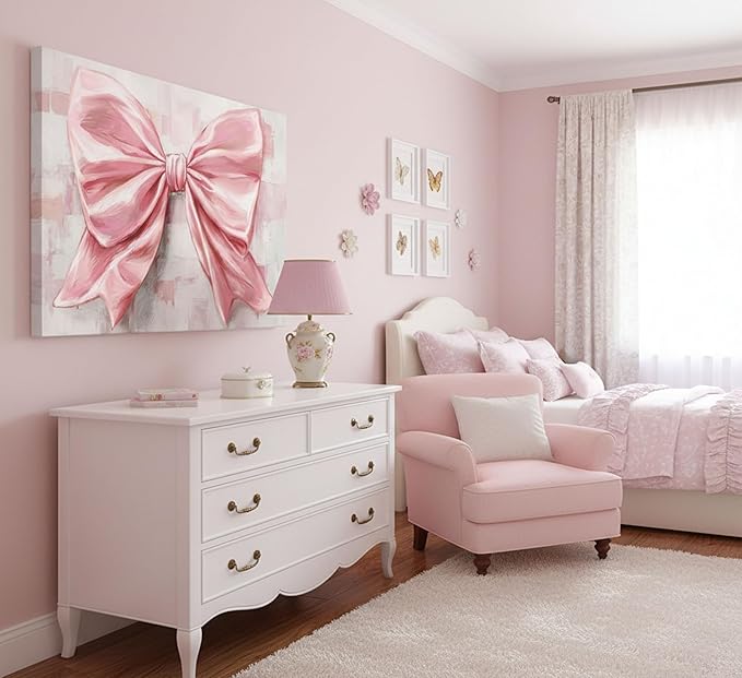 Pink Bow Canvas Wall Art Trendy Cute Preppy Watercolor Bow Painting Pictures Wall Decor Posters Prints Girly Aesthetic for College Apartment Bedroom Decoration