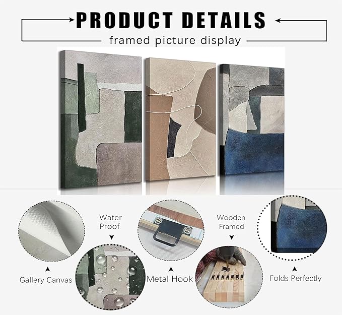 3pcs Abstract Texture Canvas Wall Art Modern Boho Neutral Geometry Wall Decor Pictures Beige Green Blue Minimalism Posters Prints for Living Room Bedroom Office Home Decoration Prepare To Hang