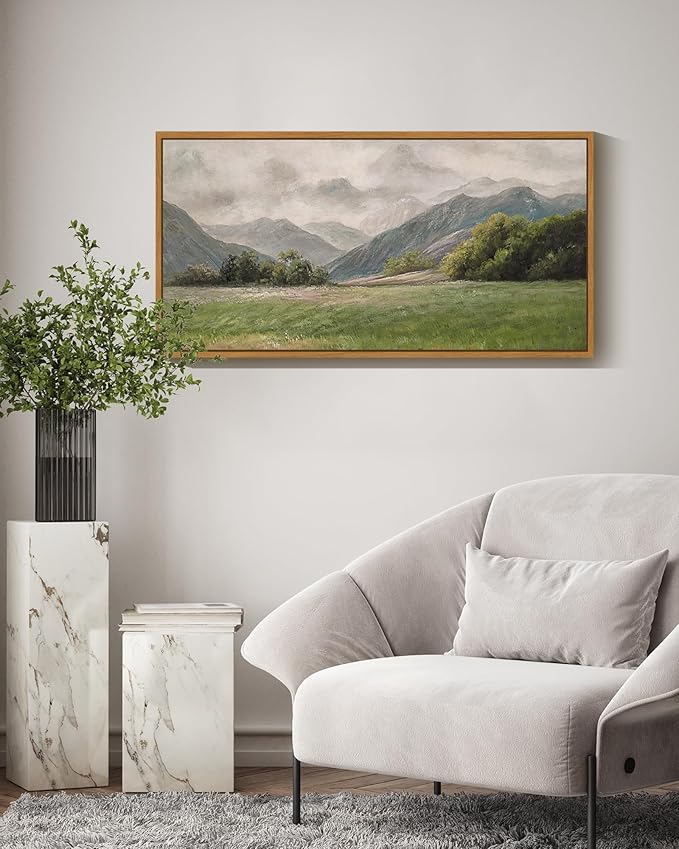SHENIFY 20x40in Extra Large Vintage Framed Wall Art Prairie and Mountain Landscape Painting Retro Meadow Scenery Farmhouse Bedroom Above of Bed Living Room Decor - Natural Framed