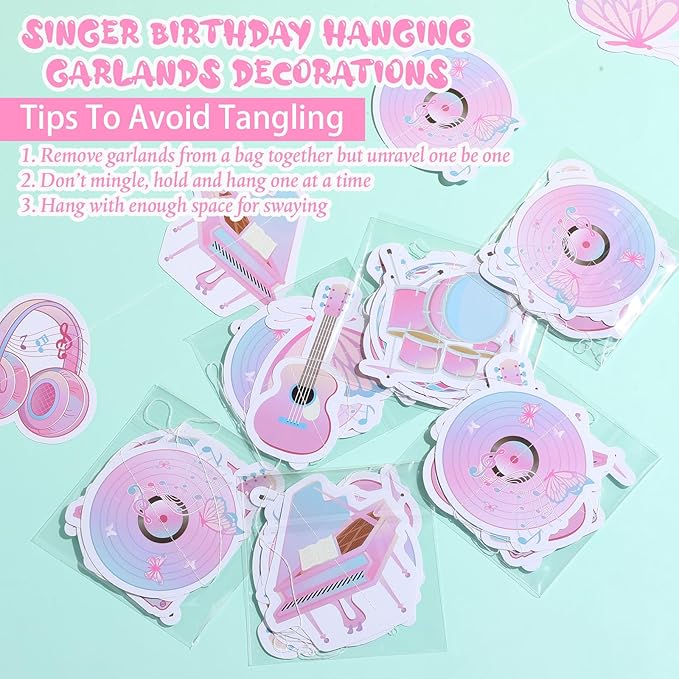 8 Pcs Music Party Decorations Popular Singer Birthday Hanging Garlands Banner Iridescent Holographic Disco Guitar Piano Butterfly Paper Cutouts Streamer for Girls Music Lover Supplies