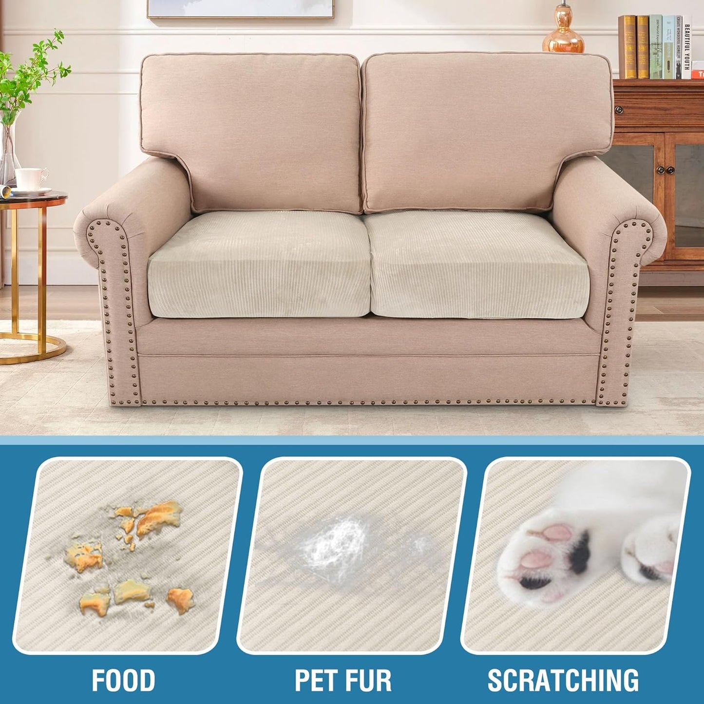 H.VERSAILTEX Velvet Stretch Couch Cushion Cover Plush Cushion Slipcover for Chair Loveseat Sofa Cushion Furniture Protector Seat Cushion Sofa Cover (2 Piece Medium Sofa Cushion Covers, Ivory Striped)