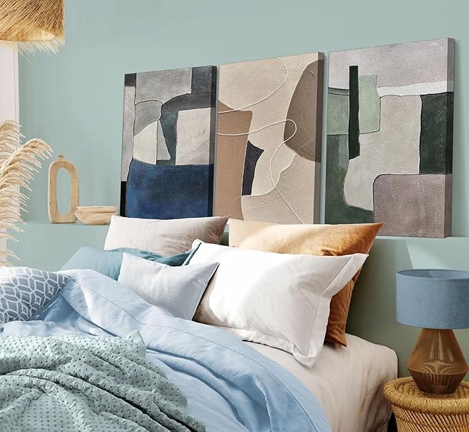 3pcs Abstract Texture Canvas Wall Art Modern Boho Neutral Geometry Wall Decor Pictures Beige Green Blue Minimalism Posters Prints for Living Room Bedroom Office Home Decoration Prepare To Hang