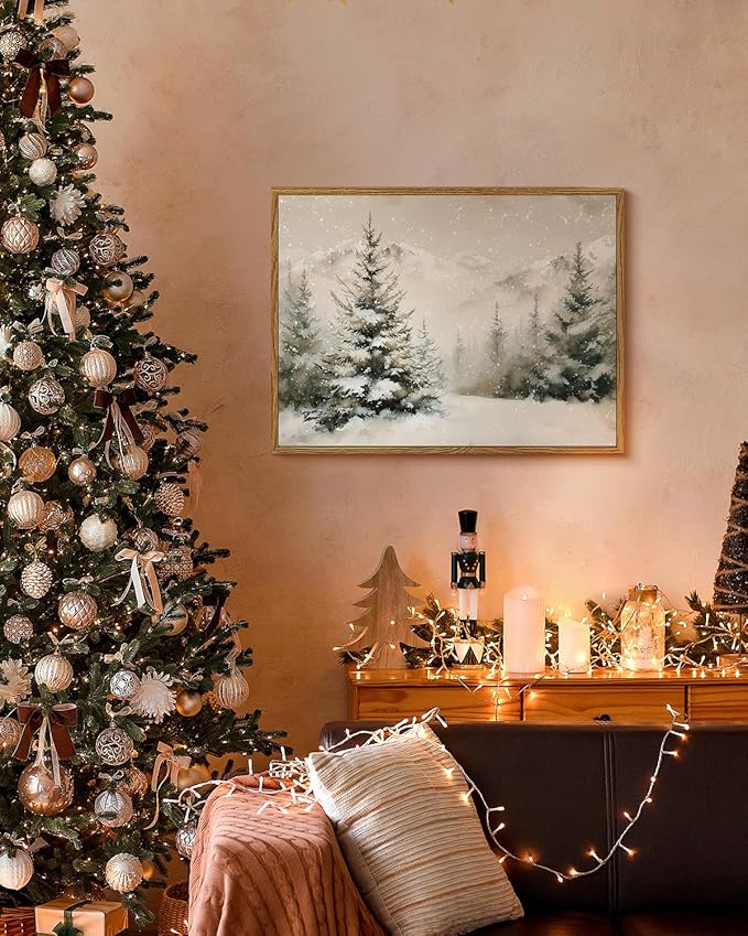 Vintage Winter Snow Mountain Wall Art 12x16 Framed Canvas Print, Snowy Pine Tree Forest Landscape Painting, Rustic Neutral Christmas Living Room Bedroom Entryway Farmhouse Holiday Home Decor