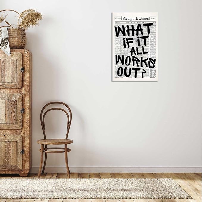 Drimiler Retro Black And White Newspaper Poster What If It All Works Out Canvas Wall Art Positive Affirming Quote Minimalist Prints Painting For Home Bedroom Dorm Wall Decor 12x18in Wframed