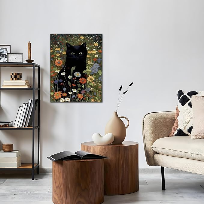 Framed Cat Canvas Wall Art, Funny Black Cat Picture Wall Decor, Animal In Garden Flowers Prints Poster for Bathroom Bedroom Living Room Gallery Decor 16x24 inch