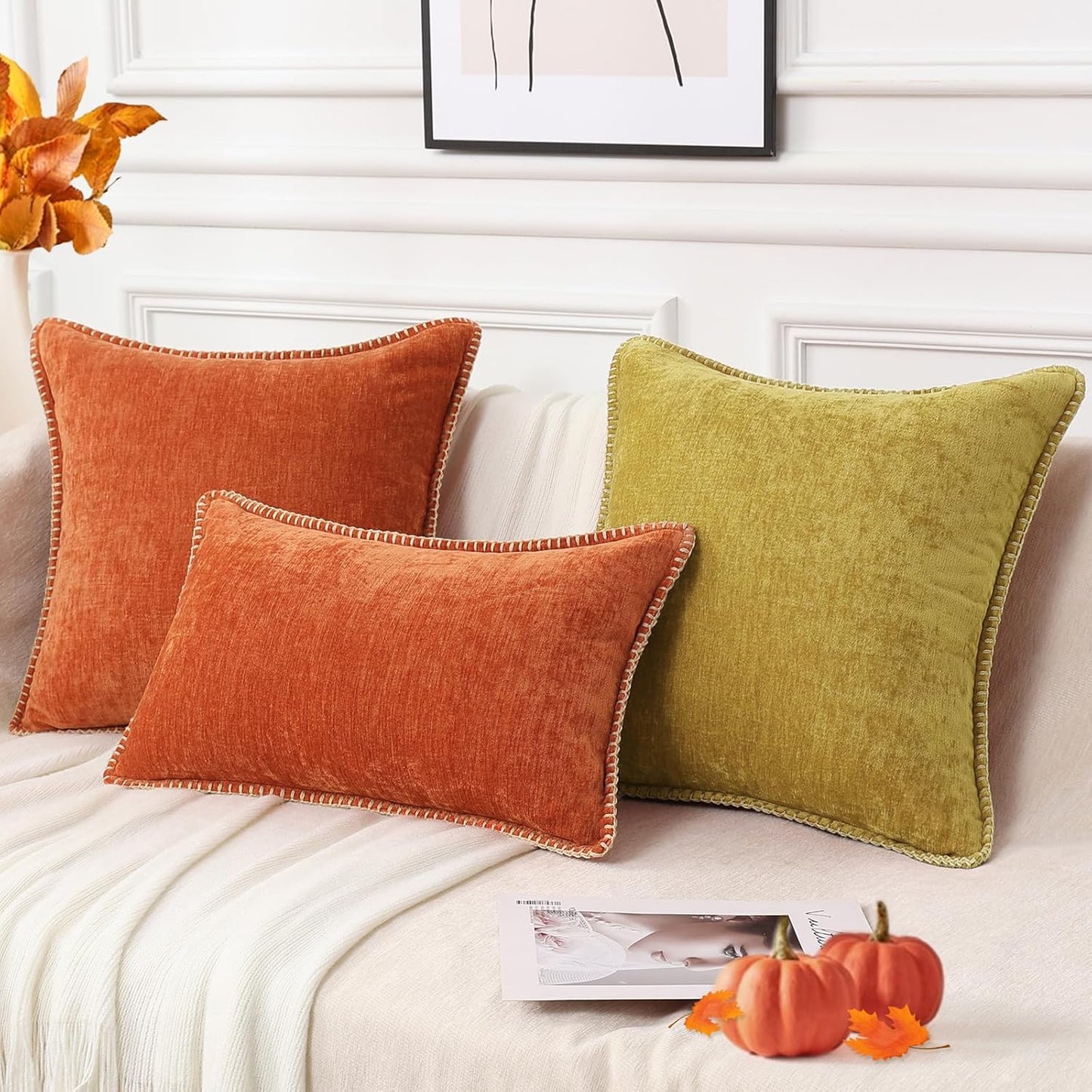 decorUhome Fall Chenille Soft Throw Pillow Covers 18x18 Set of 2, Farmhouse Velvet Neutral Decorative Euro Pillow Covers with Stitched Edge for Couch Sofa Bed Home Decor, Rust