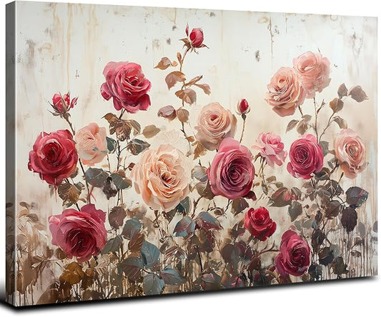 Large Pink Wall Decor for Bedroom Wall Art Retro Rose Flower Canvas Pictures for Living Room Decor Rustic Blossom Roses Floral Painting Modern Farmhouse Artwork for Bathroom Home Decoration 24x36"