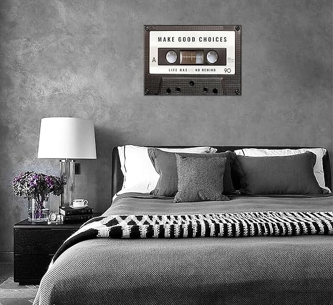 Inspirational Office Canvas Wall Art Picture Vintage Cassett Tape Prints Make Good Choices Life Has No Rewind Inspiring Artwork Motivational Wall Decor for Office Bedroom Living Room 12x16in Framed