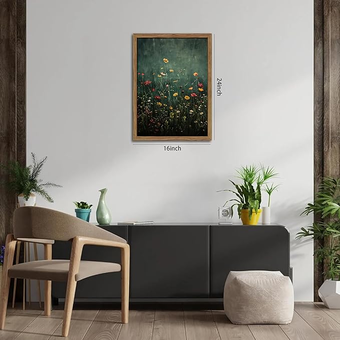 Wildflower Field Framed Wall Art, Vintage Botanical Flower Wall Decor, Modern Farmhouse Floral Canvas Art, Green Field Landscape Pictures Artwork for Living Room Bedroom – 16x24 inch