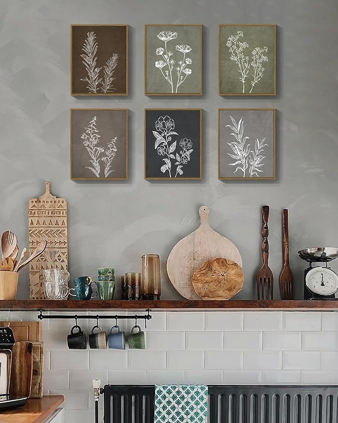 Drsoum Vintage Botanical Wall Art Framed Boho Wall Decor Wooded Minimalist Plant Print Modern Rustic Farmhouse Home Kitchen 8x10inx6pcs