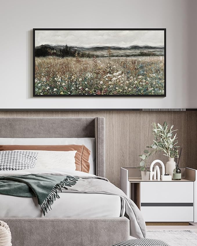 SHENIFY Vintage Landscape Framed Wall Art Meadow Flowers Farmhouse Decor Retro Classic Painting for Hallway Bedroom Living Room Dining Room - 20x40in Black Framed