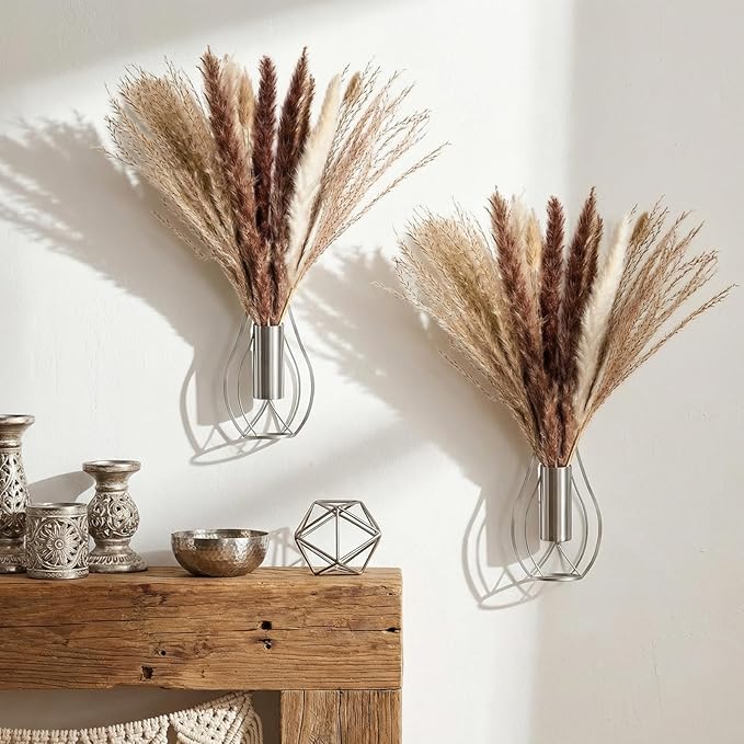 Otoolling Boho Wall Decor Set of 2 – Metal Hanging Wall Art with Faux Pampas,Minimalist Bohemian Accent for Living Room, Bedroom, Entryway(Silver)