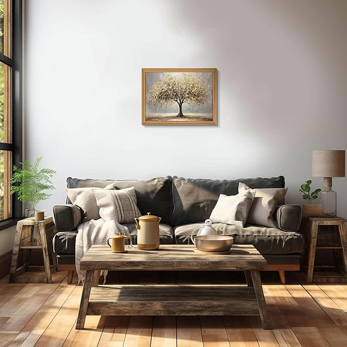 3D Textured Tree of Life Wall Art, Abstract Gold Tree Botanical Wall Decor, Modern Nature Landscape Sandstone Painting for living room Bedroom Bathroom Office 16x24 Inch Framed