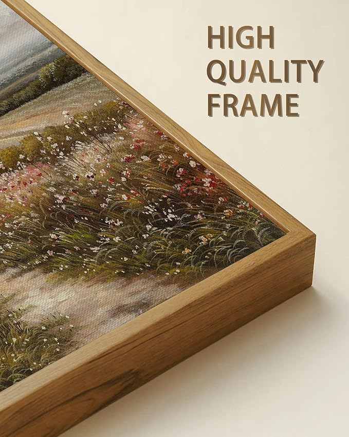 SHENIFY Vintage Landscape Framed Wall Art Rustic Countryside Wildflower Field Farmhouse Decor Retro Meadow with Flowers Painting for Kitchen Living Room Bedroom Bathroom - 8x10in Natural Framed