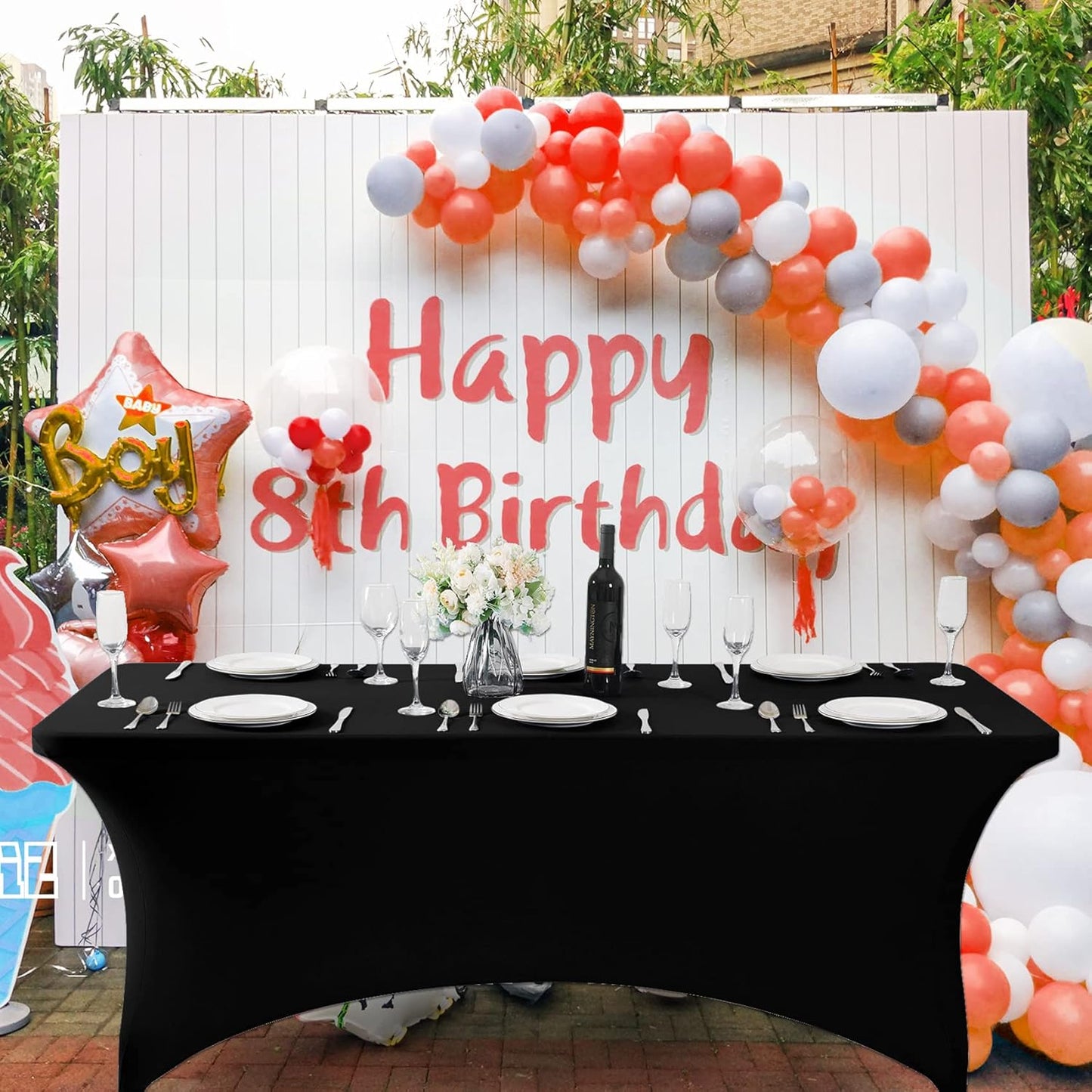 SuperO 2Pack Waterproof Spandex Table Cover for 8FT Table Universal Fitted Stretch Tablecloth for Party, Banquet, Wedding and Events-Black