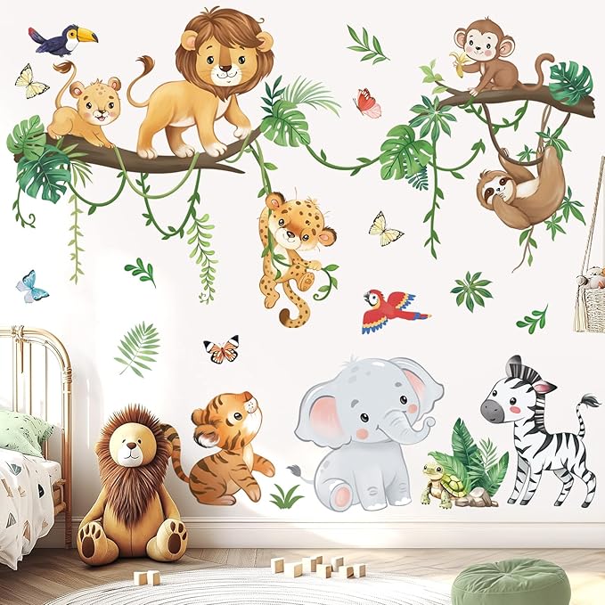 wondever Jungle Animals Tree Branch Wall Stickers Safari Lion Elephant Monkey Peel and Stick Wall Art Decals for Baby Nursery Kids Bedroom Living Room