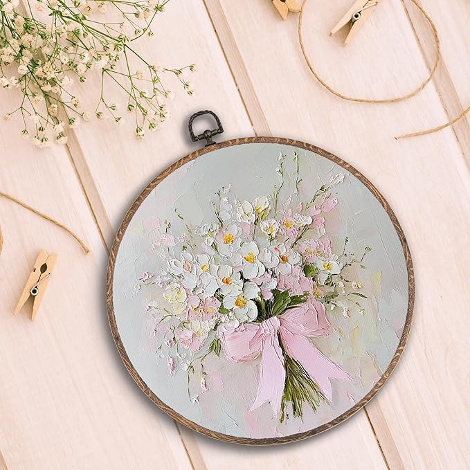 Hxlac Vintage Pink Bow Floral Bouquet Round Wall Art Framed, White Floral Round Wall Decor, Vintage Flower Hanging Canvas Prints Wall Sculptures for Bedroom Living Room Decor, 10x10 Inch