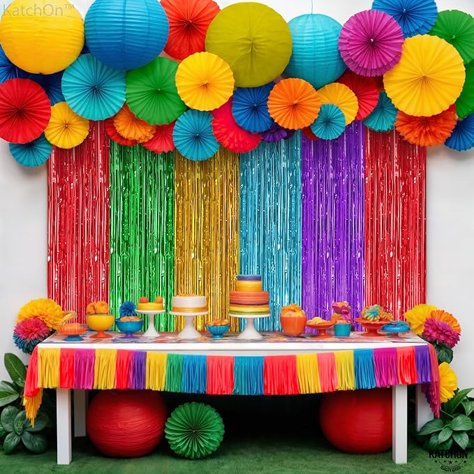 KatchOn, XtraLarge Rainbow Streamers - 3.2 x 8. Ft, 2 Pcs | Multicolor Fringe Curtain for Fiesta Party, Hawaiian, Luau, Unicorn Birthday Decorations | Rainbow Backdrop for Back to School Decorations