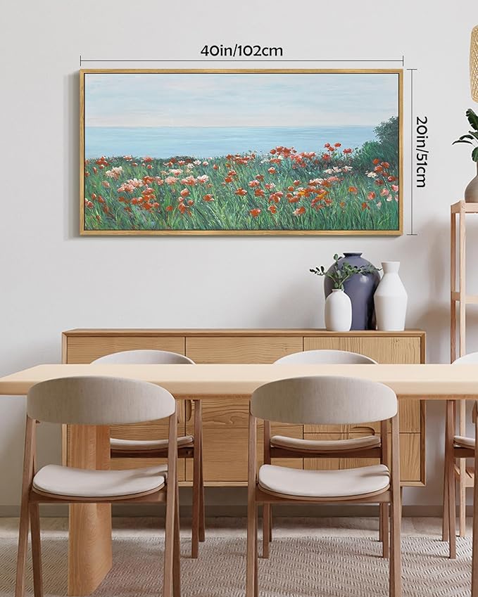 SHENIFY Vintage Framed Wall Art Coastal Wildflower Field Poppy Flower Landscape Scenery Home Decor Retro Decorations for Farmhouse Bedroom Ready to Hang Wall Artwork - 20x40in Natural Framed