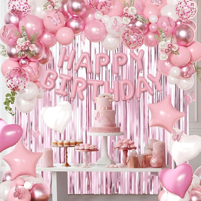 Pink Birthday Decorations for Women Girls, Metallic Pink Pearl White Confetti Foil Balloons Happy Birthday Banner Butterfly Fringe Curtains for birthday Party Supplies