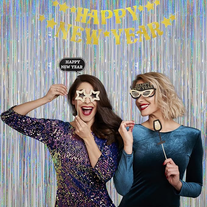 Foil Fringe Curtains New Years Eve Party Supplies 2026 - Melsan 3 Pack 3.2 x 8.2 ft Silver Tinsel Curtain Photo Backdrop for Birthday Party or Disco Party Decorations